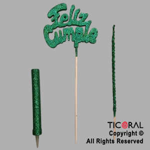 ADORNO DE TORTA SET FELIZ CUMPLE CON BENGALA Y VELA GIBRE VERDE x 1